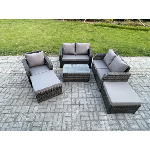 Fimous 7 Seater Garden Furniture Set Rattan Outdoor Lounge Sofa Chair With Tempered Glass Table 2 Big Footstool Dark Grey Mixed