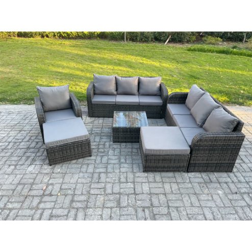 Fimous 9 Seater Outdoor Rattan Garden Furniture Set Conservatory Patio Sofa Coffee Table With 2 Big Footstool Dark Grey Mixed