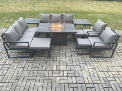 Fimous Aluminium Garden Furniture Outdoor Set Patio Lounge Sofa Gas Fire Pit Dining Table Set with 3 Footstools 2 Side Tables Dark Grey