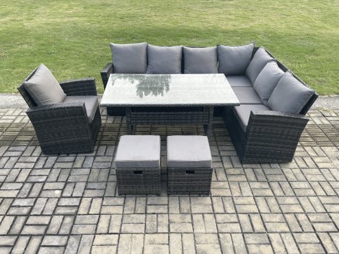 Fimous 9 Seater Garden Rattan Furniture Corner Sofa Dining Table Set with 2 Small Footstools Armchair Indoor Outdoor Lounge Sofa Set