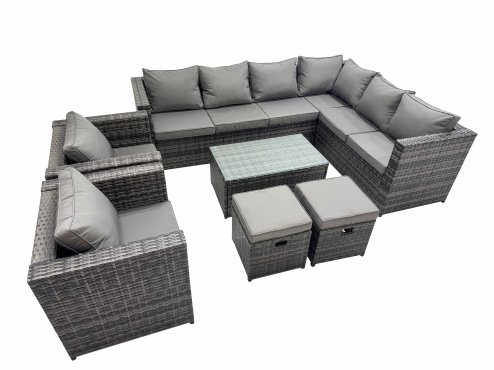 Fimous Patio Sofa Oblong Coffee Table Set Rattan Garden Furniture Set with 2 Chairs 2 Small Stools Dark Grey Mixed