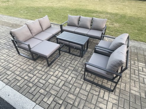 Fimous Aluminium Outdoor Garden Furniture Lounge Sofa 2 PC Chairs Oblong Coffee Table Sets with 3 Footstools Dark Grey