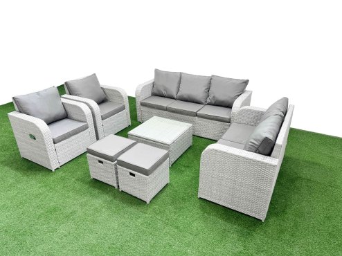 Fimous PE Rattan Garden Furniture Set Adjustable Chair Sofa Double Love Seat 2 Seater Sofa Lounge Set Square Coffee Table 2 Stools Light Grey Image