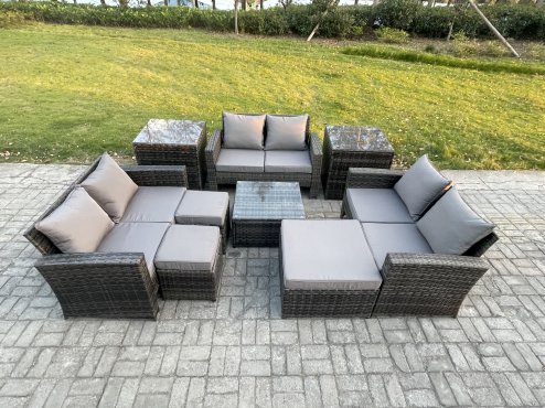 Fimous Outdoor Lounge Sofa Set Wicker PE Rattan Garden Furniture Set with Square Coffee Table Double Seat Sofa 3 Footstools 2 Side Tables Dark Grey Mixed