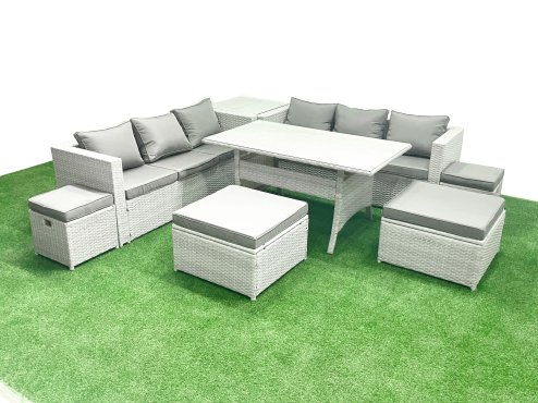 Fimous Rattan Garden Furniture Set Outdoor 10 Seater Patio Dining Sets with Glass Top Dining Table and Side Table Light Grey Mixed