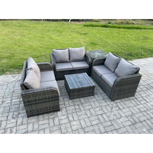 Fimous Outdoor Garden Furniture Sets 6 Seater Wicker Rattan Furniture Sofa Sets with Square Coffee Table Love seat Sofa 2 Small Footstools Side Table