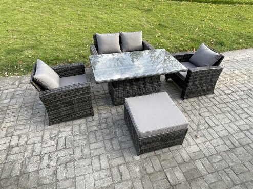 Fimous Outdoor Garden Dining Sets 5 Seater Rattan Patio Furniture Sofa Set with Rising Lifting Table Big Footstool Dark Grey Mixed