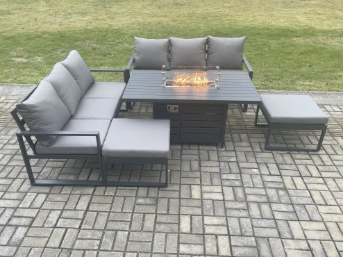 Fimous Aluminium 8 Seater Outdoor Garden Furniture Lounge Sofa Set Gas Fire Pit Dining Table with 2 Big Footstools Dark Grey