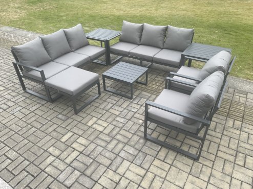 Fimous Aluminium Patio Outdoor Garden Furniture Lounge Sofa Set with Square Coffee Table 2 Chairs Big Footstool 2 Side Tables Dark Grey