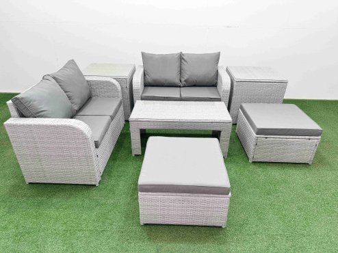 Fimous 6 Seater Outdoor Love Sofa Set Rattan Garden Furniture Set with Oblong Coffee Table 2 Footstool 2 Side Tables Light Grey Image