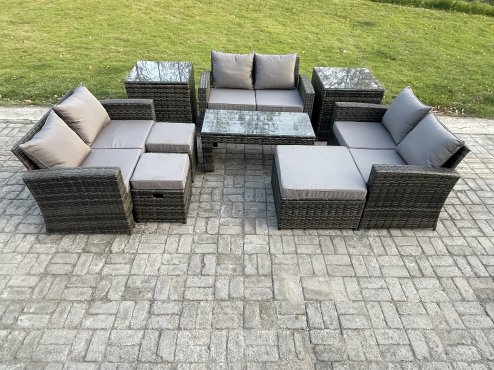 Fimous Outdoor U Shape Sofa Set Wicker PE Rattan Garden Furniture Set with Coffee Table Double Seat Sofa 3 Footstools 2 Side Tables Dark Grey Mixed