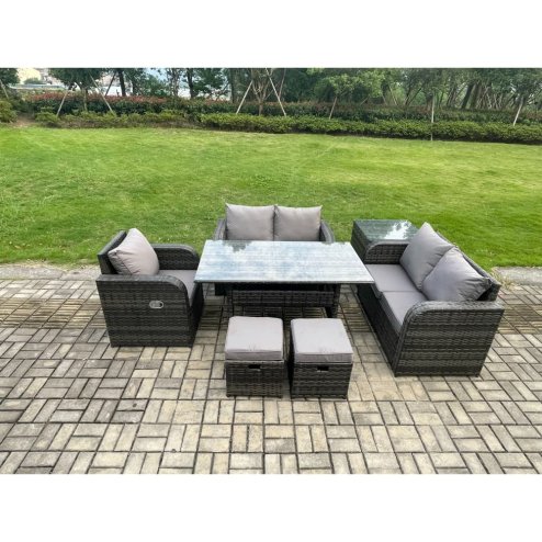 Fimous Lounge Rattan Sofa Set Outdoor Garden Furniture Oblong Rectangular Dining Table With Chairs Side Table 2 Small Footstools Dark Grey Mixed