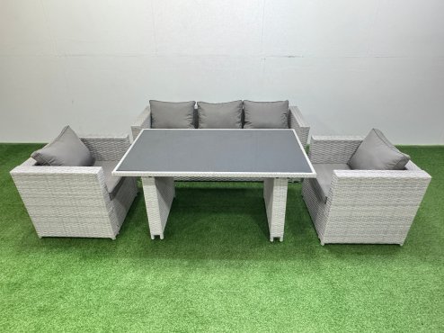 Fimous Patio Garden Furniture Sets with Black Glass Top Dining Table Armchair 3 Seater Sofa Light Grey