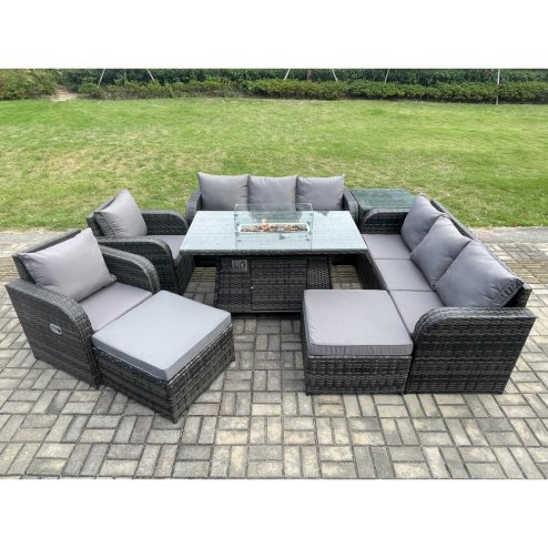 Fimous Rattan Outdoor Furniture Gas Fire Pit Rectangle Dining Table Gas Heater Adjustable Reclining Chair 3 Seater Sofa Sets 10 Seater