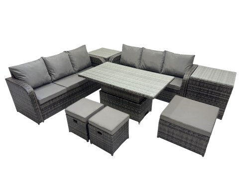 Fimous Rattan Garden Furniture Dining Set 9-seater Patio Height Adjustable Rising Lifting Table Sofa Set with 2 Side Table 3 Footstools Dark Grey Mixed