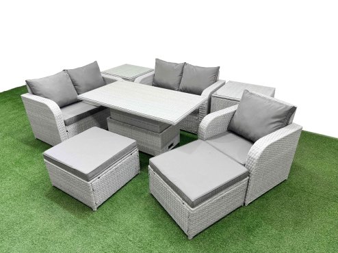 Fimous High Back Poly Rattan Garden Furniture Set with Reclining Chair Loveseat Sofa Adjustable Lifting Dining or Coffee Table Indoor Outdoor Patio Set 2 Big Stool 2 Side Table Light Grey
