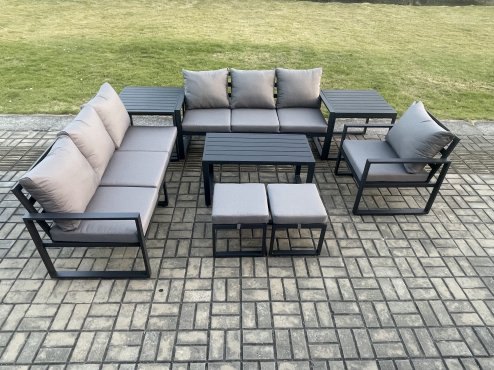 Fimous Aluminium 9 Seater Garden Furniture Outdoor Patio Sofa Set with Rectangular Coffee Table Armchair 2 Small Footstool 2 Side Tables Dark Grey