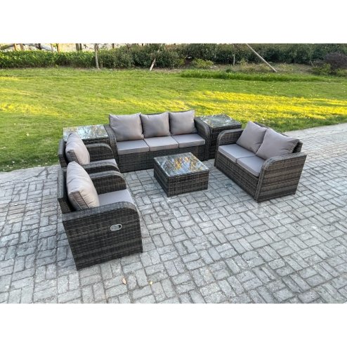Fimous 7 Seater Garden Furniture Set Rattan Outdoor Lounge Sofa Chair With Tempered Glass Table 2 Side Tables Dark Grey Mixed