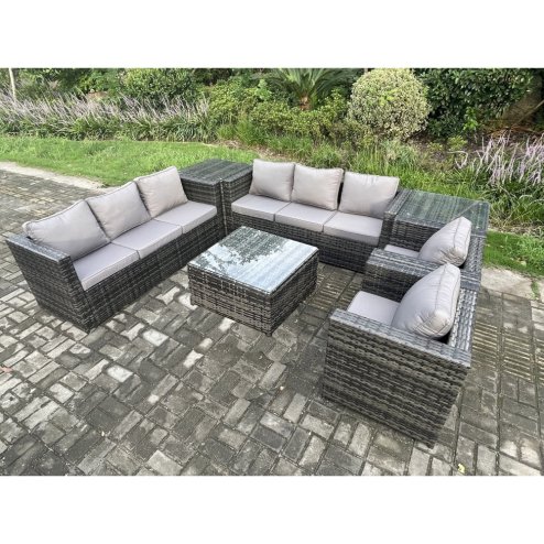 Fimous 8 Seater Rattan Garden Furniture Sofa Set with 2 Armchairs Square Coffee Table 2 Side Tables Indoor Side Table Outdoor Rattan Set Dark Grey Mixed