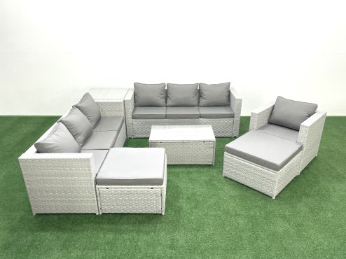 Fimous Wicker PE Rattan Sofa Garden Furniture Set with Armchair Oblong Coffee Table 2 Big Footstools Side Table Light Grey Mixed