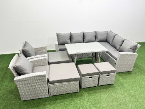 Fimous 12 Seater Garden Outdoor Rattan Furniture Set Rattan Corner Sofa Oblong Dining Table with 2 Armchairs 4 Footstools Light Grey Mixed