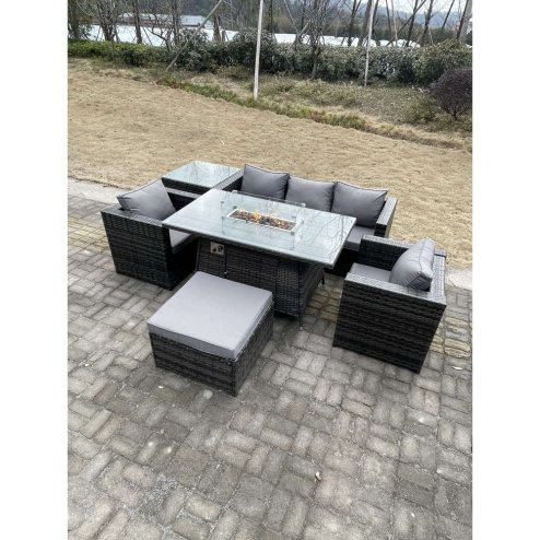 Fimous Outdoor PE Rattan Garden Furniture Gas Fire Pit Dining Table Armchairs With High Side Coffee Table Big Footstool Dark Grey Mixed