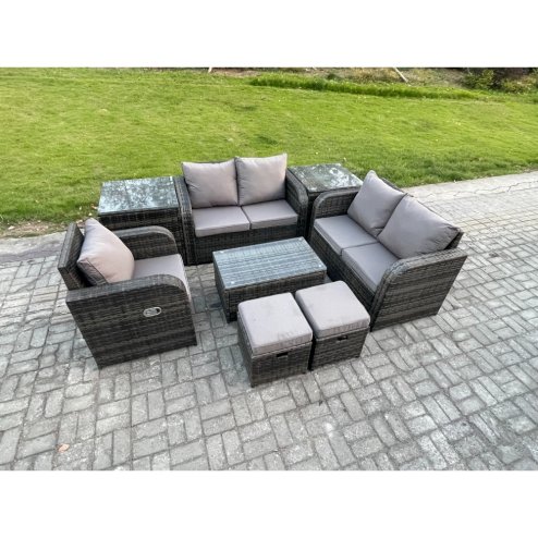 Fimous 7 Seater High Back Rattan Garden Furniture Set with Loveseat Sofa Rectangular Coffee Table 2 Small Footstools 2 Side Tables Indoor Outdoor Patio Lounge Sofa Set Dark Grey Mixed