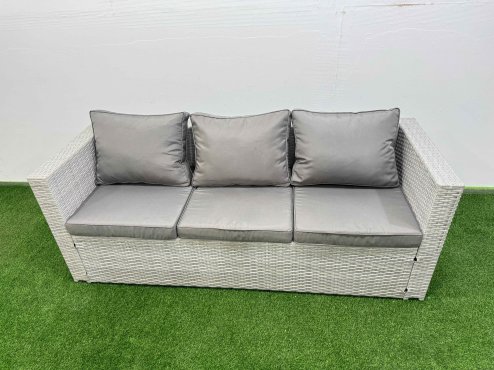 Fimous Patio Garden Furniture Sets with Black Glass Top Dining Table 3 Seater Sofa Armchair 2 Side Tables Big Stool Light Grey