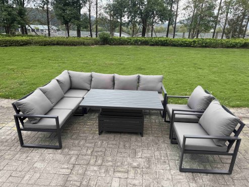 Fimous 8 Pieces Aluminium Garden Furniture Sets with Adjustable Rising Lifting Dining Table,2 Small Footstools 9 Seater Corner Sofa Set Dark Grey