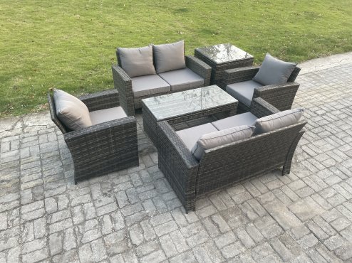 Fimous 6 Seater Dark Grey Mixed High Back Rattan Sofa Set Coffee Table Garden Furniture Outdoor Patio With Love Sofa Arm Chairs Side Table
