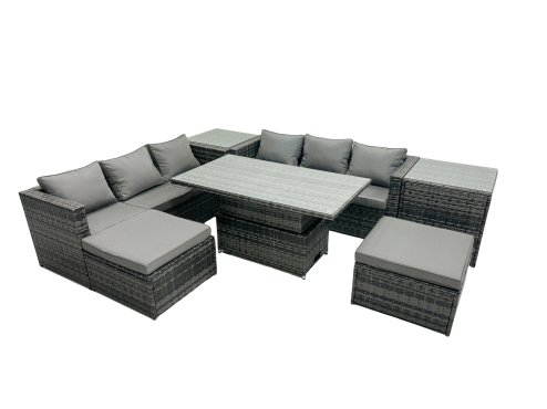 Fimous Rattan Dining Table Sofa Set with 2 Side Tables 2 Stools Outdoor 8 Seat Garden Furniture Set Dark Grey Mixed