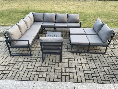 Fimous 12 Seater Outdoor Aluminium Garden Furniture Set Corner Lounge Sofa Set with Square Coffee Table 2 Big Footstools Dark Grey