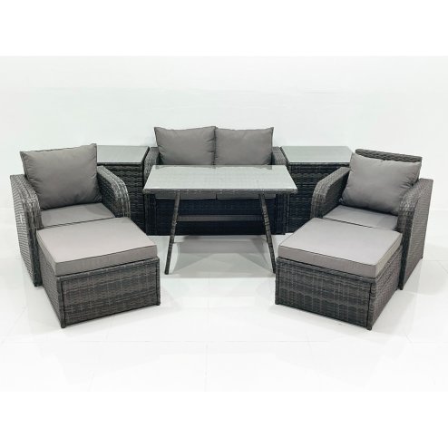 Fimous Outdoor Garden Furniture Set Rattan Sofa Dining Table Set with Reclining Chair 2 Big Footstool 2 Side Tables Dark Grey Mixed