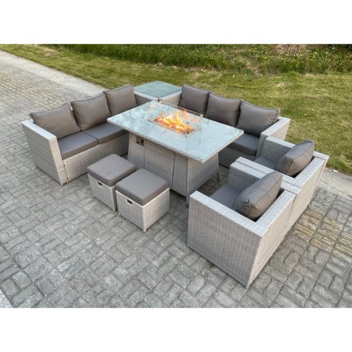 Fimous Light Grey Rattan Fire Pit Garden Furniture Set Gas Heater Burner Lounge Sofa Dining Set Coffee Table Chairs Stool