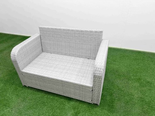 Fimous 7 Seater PE Wicker Rattan Furniture Sofa Sets with Oblong Coffee Table 2 Seater Love Sofa Big Footstool Side Table Light Grey