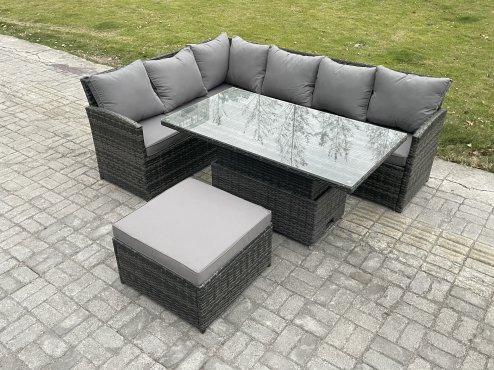Fimous 7 Seater Rattan Garden Furniture Sets High Back Corner Sofa Height Adjustable Rising Lifting Table Set with Big Footstool Dark Grey Mixed