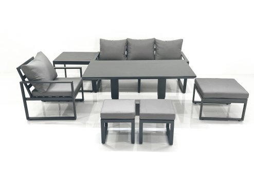 Fimous 7 Seater Garden Sofa Set Aluminium Furniture Rising Dining Tabe Set with Chair 3 Footstool Side Table Dark Grey