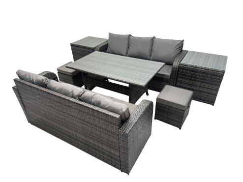 Fimous 8 Seat Outdoor Wicker PE Rattan Garden Furniture Set Dining Table Sofa Set with 2 Small Stool 2 Side Tables Dark Grey Mixed