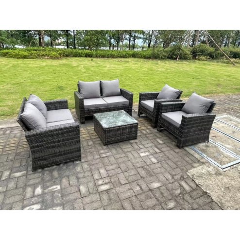 Fimous 6 Seater Dark Grey Mixed High Back Rattan Sofa Set Square Coffee Table Garden Furniture Outdoor Patio With Love Sofa Arm Chairs