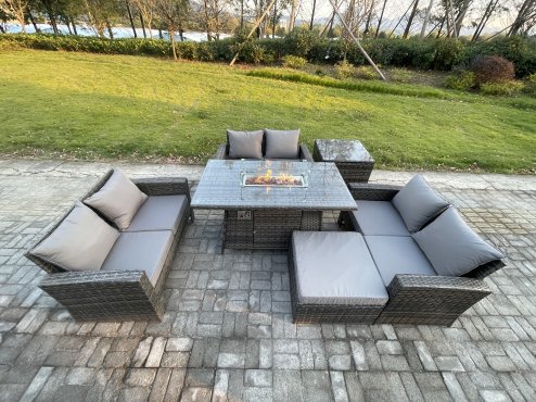 Fimous Outdoor Garden Dining Sets 7 Seater Rattan Patio Furniture Sofa Set with Gas Firepit Table Double Seat Sofa Big Footstool Side Table Dark Grey Mixed