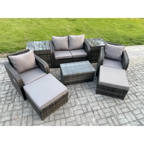 Fimous 6 Seater Outdoor Lounge Sofa Set Rattan Garden Furniture Set with Rectangular Coffee Table 2 Big Footstool 2 Side Tables Dark Grey Mixed