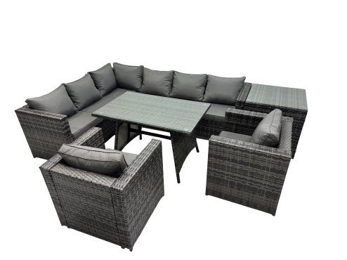 Fimous 8-seater Outdoor PE Rattan Sofa Set with Dining Table Patio Garden Furniture Sets with 2 Chair Side Table Dark Grey Mixed