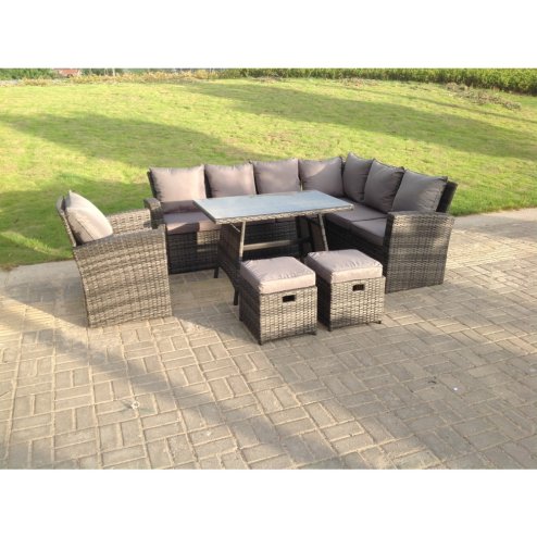 9 Seater High Back Dark Mixed Grey Rattan Corner Sofa Set Outdoor Furniture Rectangular Dining Table 2 Footstools Chair