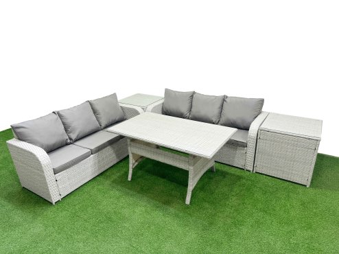 Fimous Outdoor Garden Furniture Sets 6 Seater Wicker Rattan Furniture Sofa Sets with Rectangular Dining Table high Back Lounge Sofa 2 Side Table Light Grey