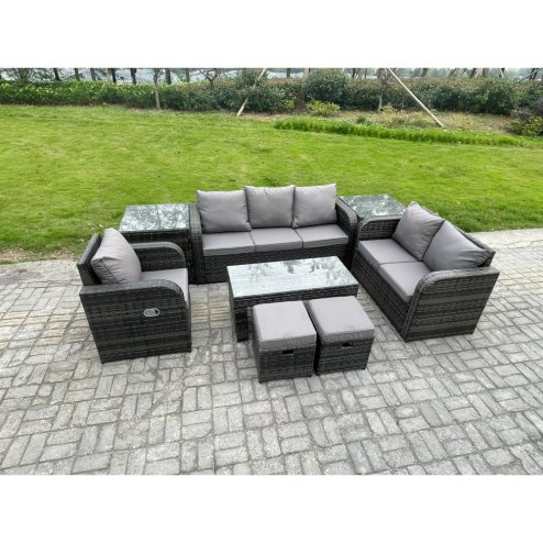 Fimous High Back Rattan Garden Furniture Set with Loveseat Sofa Rectangular Coffee Table 2 Side Tables 2 Small Footstools Indoor Outdoor Patio Lounge Sofa Set Dark Grey Mixed