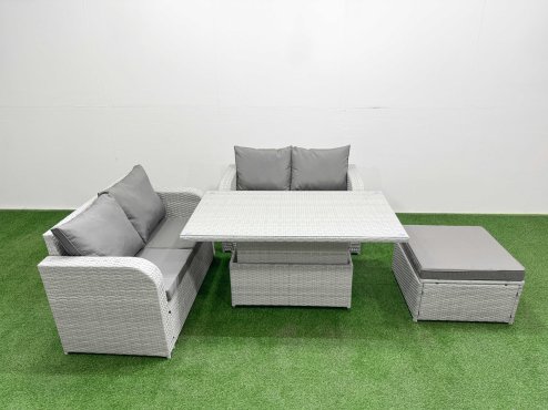 Fimous 5 Seater Outdoor Love Sofa Set Rattan Garden Furniture Set with Adjustable Lifting Dining or Coffee Table Big Footstool Light Grey Image