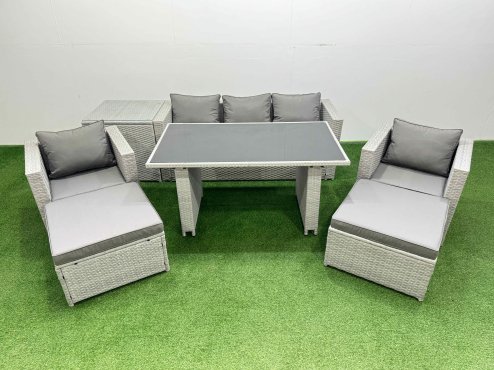 Fimous Patio Garden Furniture Sets with Black Glass Top Dining Table Armchair 3 Seater Sofa Side Table 2 Big Stool Light Grey