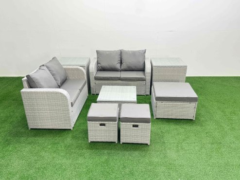 Fimous 7 Seater Outdoor Love Sofa Set Rattan Garden Furniture Set with Square Coffee Table 3 Footstool 2 Side Tables Light Grey Image
