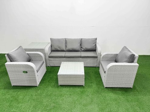 Fimous PE Rattan Garden Furniture Set Reclining Chair Sofa Lounge Sofa Set Square Coffee Table Side Table Light Grey Image