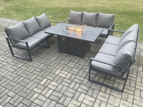 Fimous Aluminium 9 Seater Garden Furniture Outdoor Set Patio Lounge Sofa Gas Fire Pit Dining Table Set Dark Grey